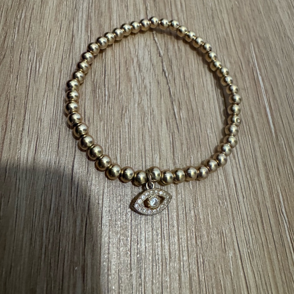Bloomingdale’s Aqua Stacking Bracelet | Gold Bead Stretch Bracelet with Evil Eye